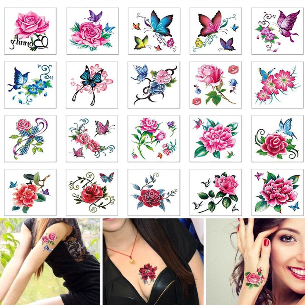 [Hàng mới về] Bộ 52 tờ hình xăm dán tạm thời in hình hoa hồng/bướm đáng yêu trang trí cơ thể xinh xắn DIY