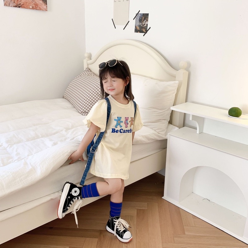 Váy đầm thun dáng suông ngắn tay dễ thương cho bé gái