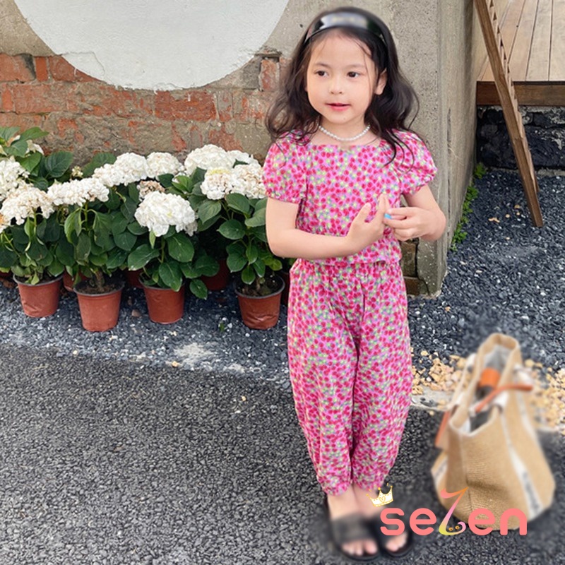 Se7en Set Áo Sơ Mi Tay Ngắn Kẻ Sọc Caro &amp; Quần Dài Cho Bé Gái