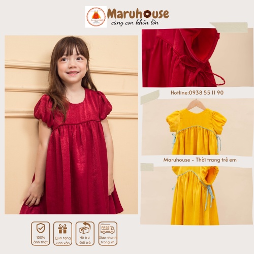[Maruhouse]Thiết Kế Cao Cấp_Váy Đầm Tiểu Thư Lụa Nhung Đỏ Sang Chảnh Nơ Eo Cực Xinh Cho Bé Gái từ 2-8 tuổi