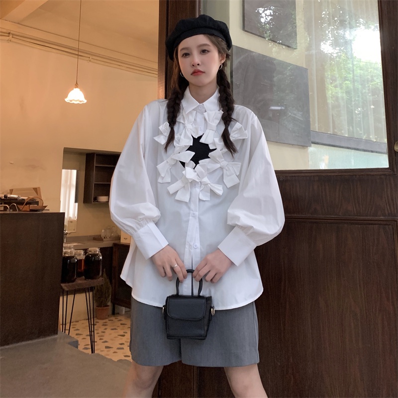 Áo sơ mi kiểu ZHELIHANGFEI cổ lật dáng rộng phối nơ dễ thương phong cách học đường thời trang dành cho nữ