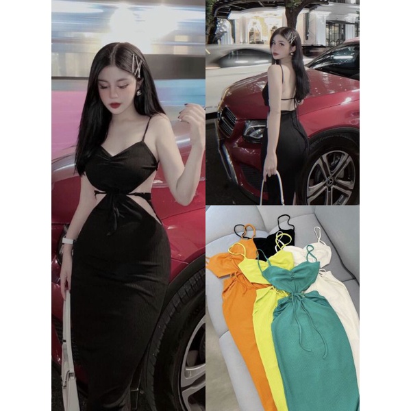 Đầm Hai Dây Nhún Ngực Khoét Hở Hai Bên Eo Đan Dây Cột Nơ - Mút Ngực - Dáng Dài Maxi Hở Lưng Ôm Body Sexy - Thun Gân