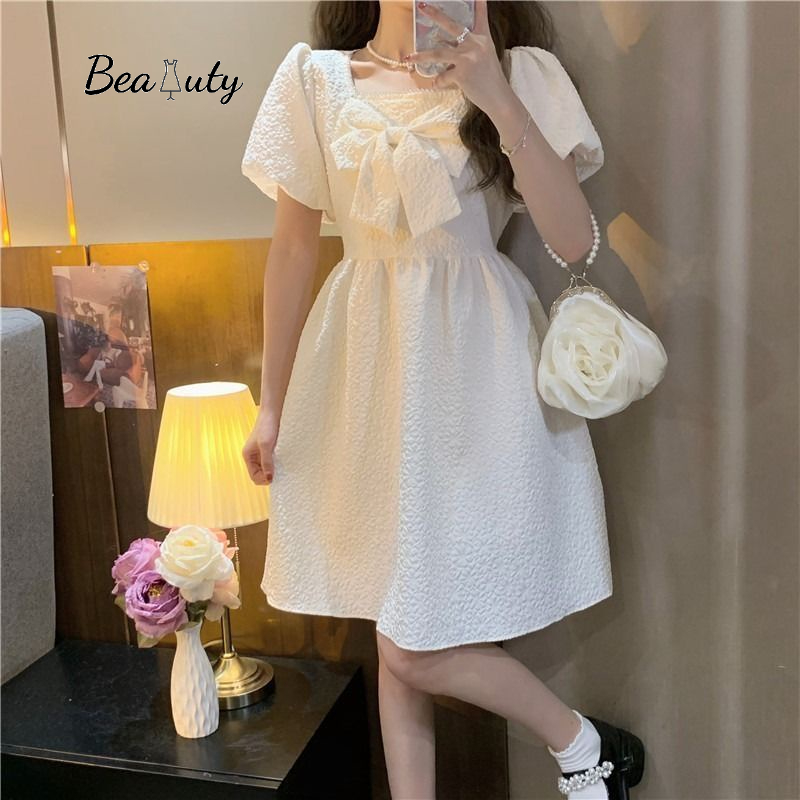 [MURIOKI] Đầm Babydoll Cổ Vuông Tay Phồng Thắt Nơ Phong Cách Pháp Thời Trang 2022 Cho Nữ