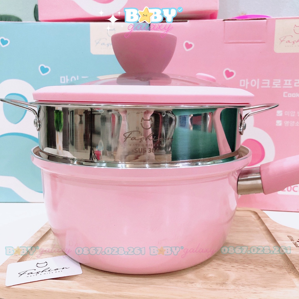 Nồi Quánh Fashion Hồng Nấu Cháo Ăn Dặm Cho Bé, Nồi Thiết Kế Mèo Kèm Xửng Hấp- Baby Galaxy Official