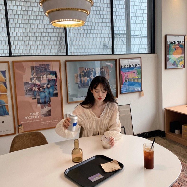 SUXI Áo kiểu màu trắng tay dài cổ chữ V thời trang Hàn Quốc thanh lịch