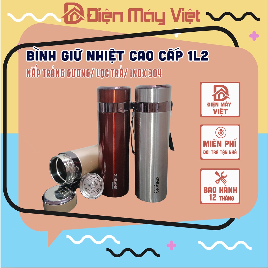 [Hàng Loại 1] Bình Giữ Nhiệt 1,2l cao cấp, Bình nước Inox 304 dung tích 1l2 Có gương trên nắp bình - Bảo Hành 12 Tháng