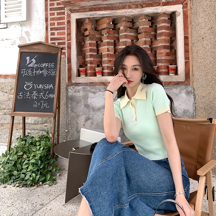 Xiaozhainv Áo polo dệt kim tay ngắn thời trang mùa hè phong cách Hàn Quốc có 3 màu tùy chọn cho nữ