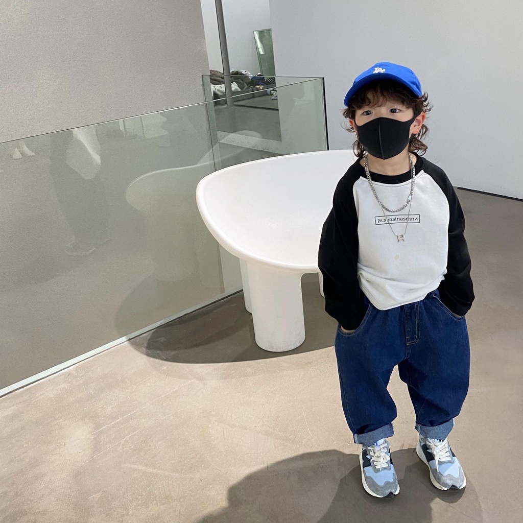 AB424 - Áo phông raglan phối tay đen sz 90-140, dài tay, thời trang thể thao cho bé thu đông 2022