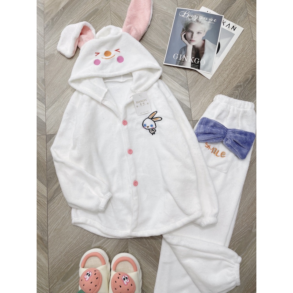 Bộ Lông Mũ Tai Thỏ Gắn Nơ Thêu Hình Chất Looing Cừu Vintage  Mặc Nhà Nam Nữ Dáng Rộng