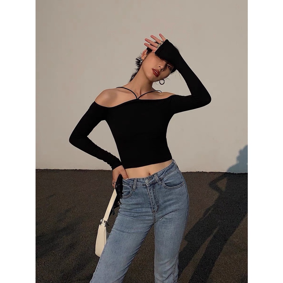 Áo Trễ Vai Dây Chéo Tay Dài Áo Kiểu Nữ Form Dáng Croptop Sexy Chất Thun Gân