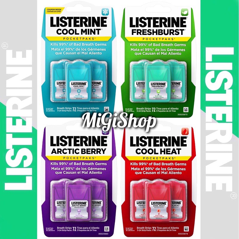 [Hàng Mỹ] Miếng Ngậm Thơm Miệng Listerine Pocketpaks (vỉ 3 hộp x 24 miếng)