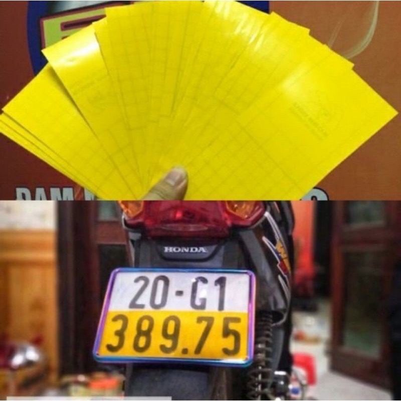 Decal dán biển số xe máy màu vàng. Giá 1 miếng