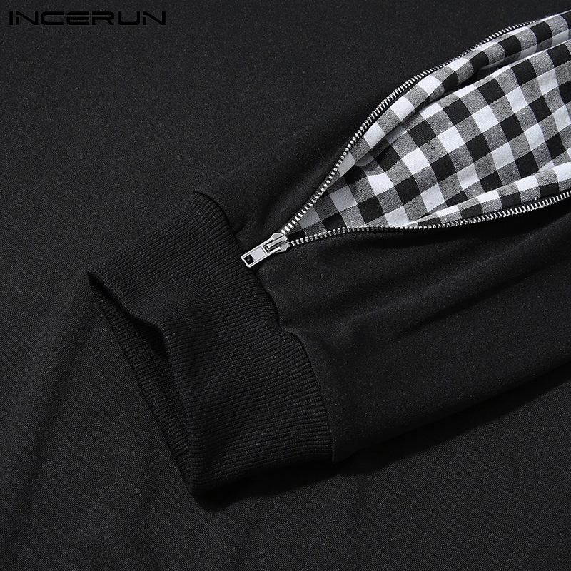 Áo INCERUN dài tay dáng rộng phối dây khóa kéo ghép vải ca rô thời trang dành cho nam