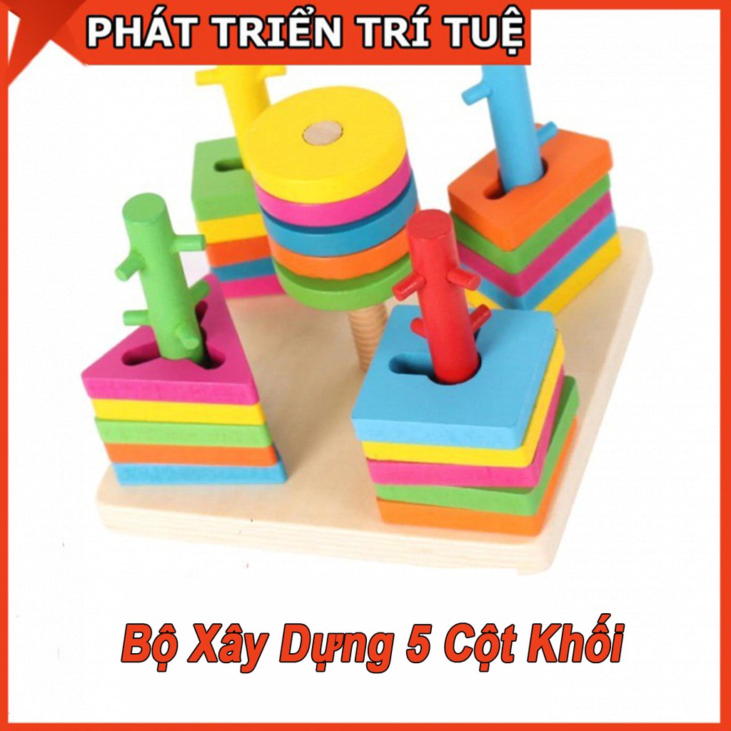 Bộ thả hình 5 cột khối - Đồ chơi giáo dục gỗ an toàn cho bé rèn luyện phát triển trí tuệ