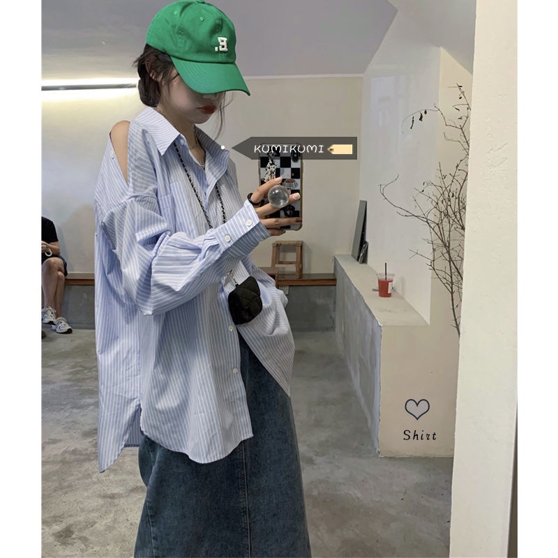 Áo Sơ Mi Sọc Xanh Tay Dài Hở Vai Thời Trang Dành Cho Nữ