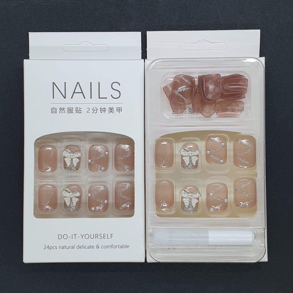 Móng tay giả ngắn đính nơ nhũ xéo sang chảnh  💖 SẴN KEO DÁN 💖