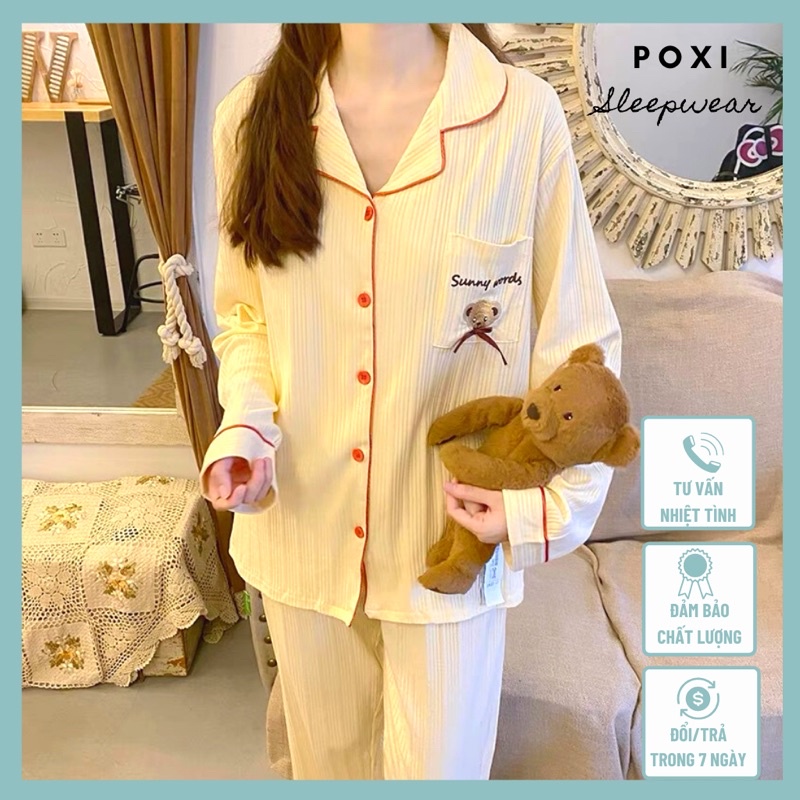 Đồ ngủ nữ mặc nhà viền đỏ tay dài chất thun cotton siêu mát