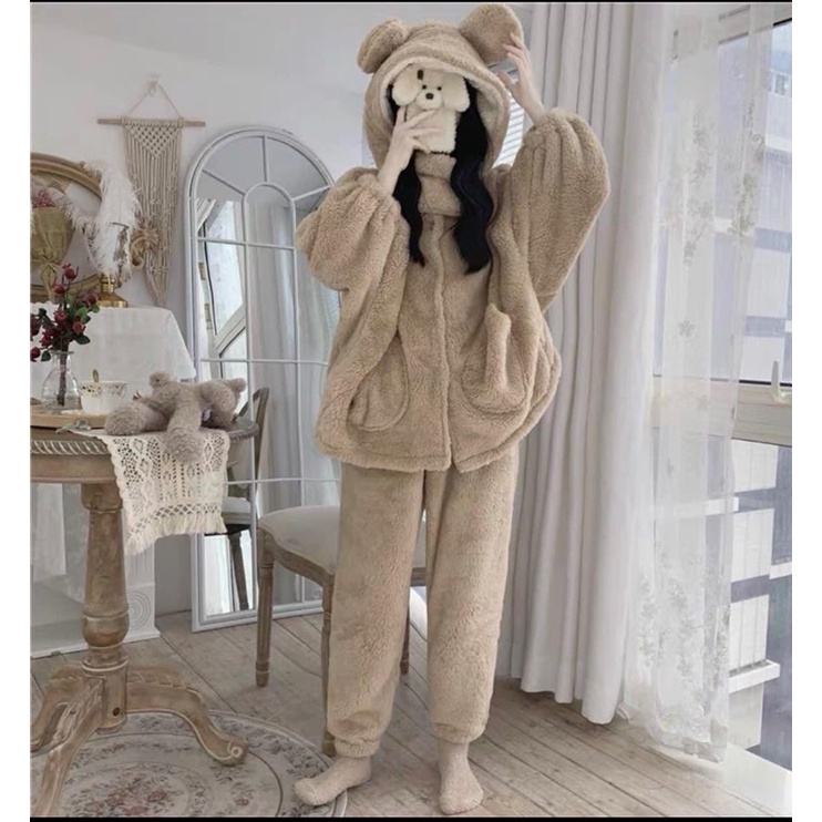 Bộ đồ ngủ tai gấu mùa đông màu nâu be Hàn Quốc Chất lông dày dặn from rộng ULZZANG, XUONGMAYSIGIARE