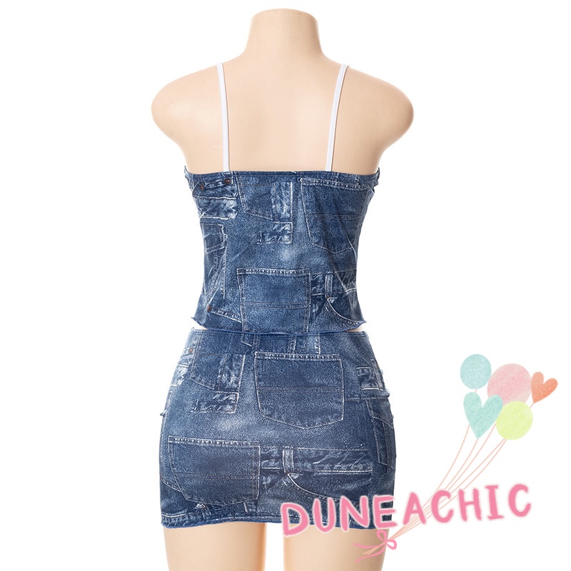 Đầm DUNEA/ Set áo hai dây denim và chân váy DUNEA lưng thấp in họa tiết thời trang mùa hè