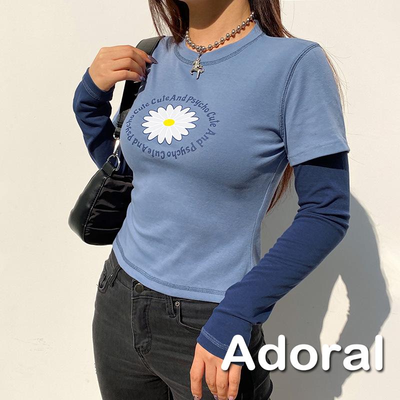 CCCT-Women Casual Long Sleeve T-shirt, Blue Round Collar Letters and Floral Printed Pattern Tops