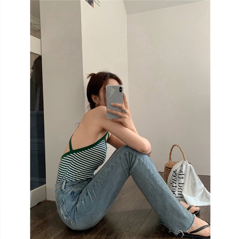 Cocory vn Áo Croptop Trễ Vai Hoạ Tiết Kẻ Sọc Phong Cách Vintage Mới