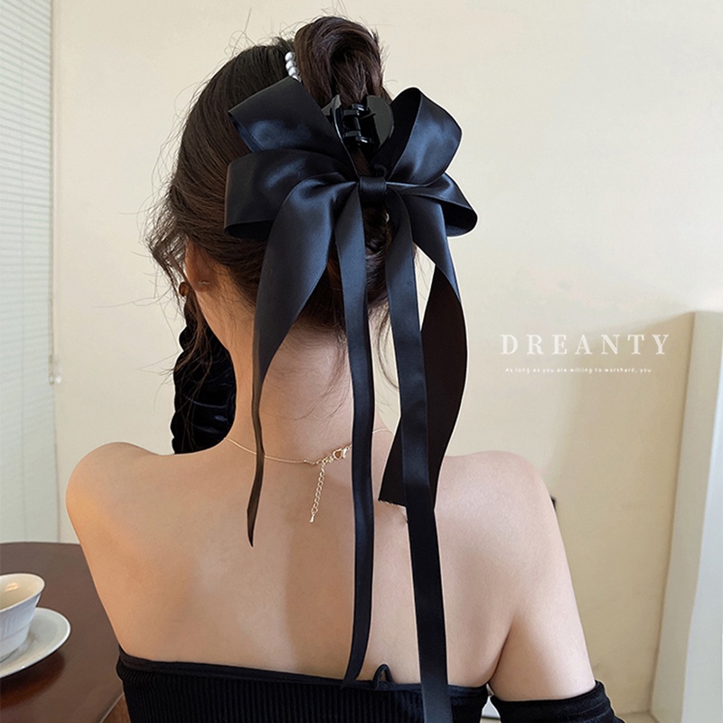 Kẹp Tóc Nơ Ruy Băng Đính Ngọc Trai Thiết Kế Đơn Giản Độc Đáo Phong Cách Hàn Quốc