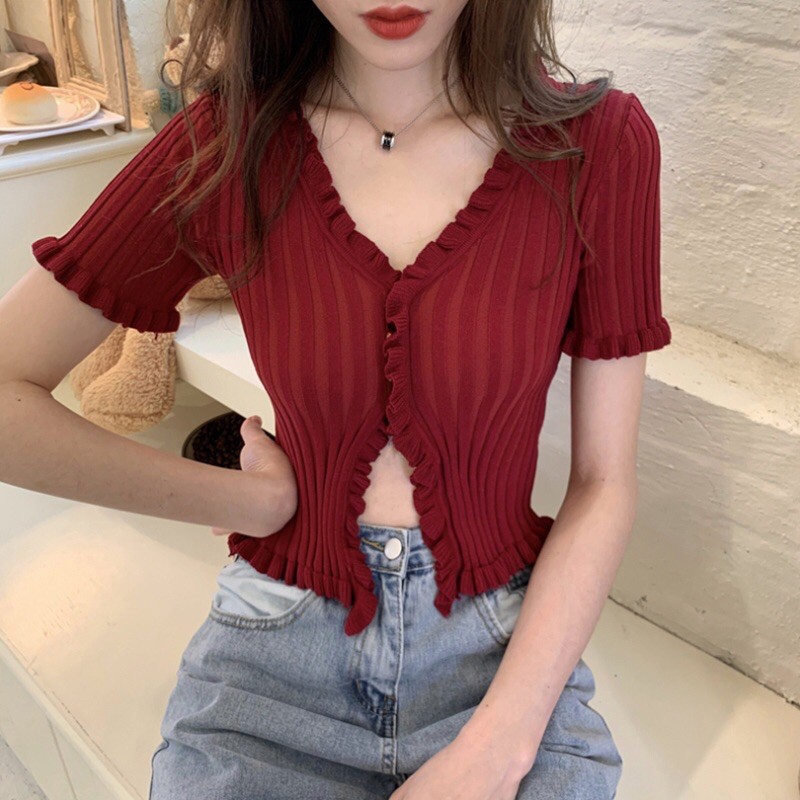 Áo Len Ngắn Tay Croptop Quảng Châu Phong Cách Idol Hàn Quốc Blackpink Jennie Cổ V Sang Chảnh Sexy