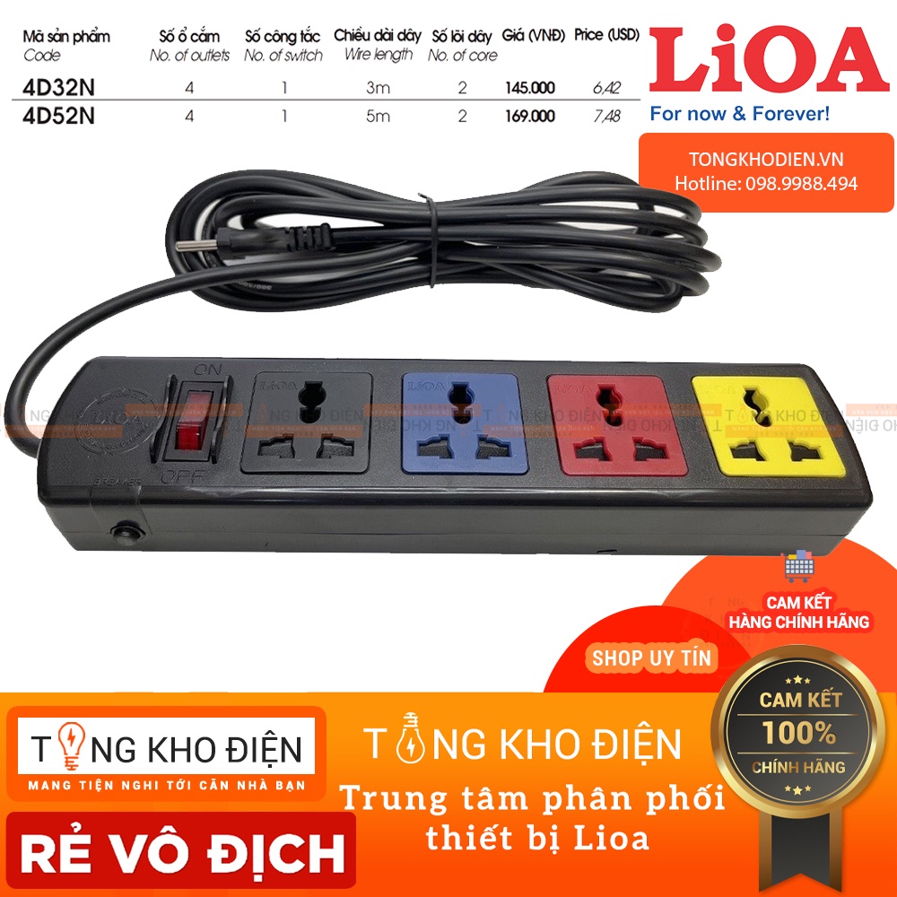 Ổ cắm điện LIOA, 4 lỗ đa năng, có công tắc, có bảo vệ quả tải, 3300W, dây dài 3m/5m, mã: 4D