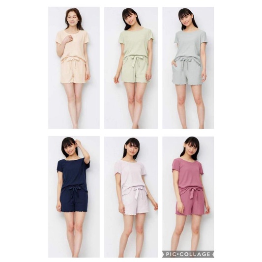 (GU Nhật chính hãng) Nữ - Bộ mặc nhà áo ngắn tay quần cộc chất thun tăm mềm mại nơ eo - Waist Ribbon Rib Lounge Set