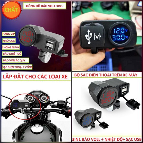 (FREESHIP) ĐÔNG HỒ BÁO VÔN BÁO NHIỆT ĐỘ KÈM SẠC 3IN1 TRÊN XE MÁY - MẪU MỚI HÓT