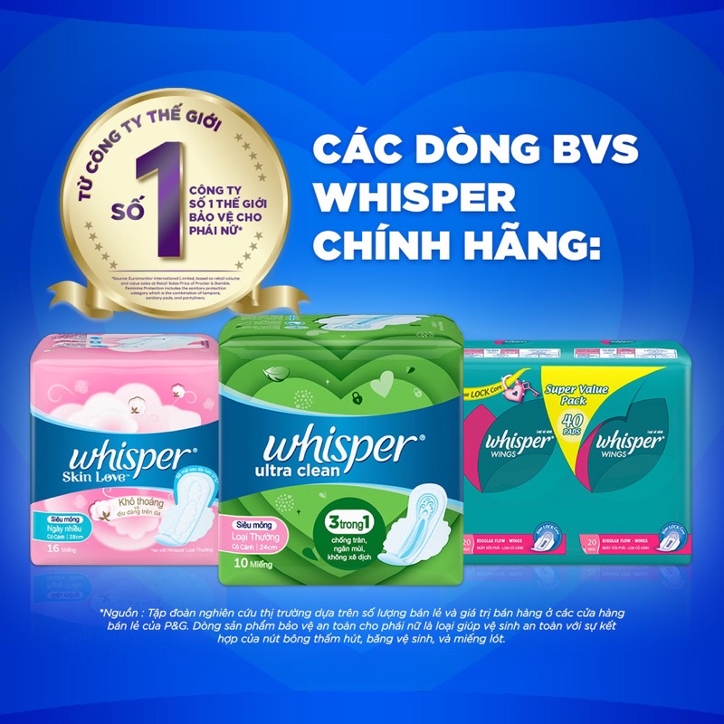 Băng Vệ Sinh Whisper Ngày Bị Có Cánh (Mỏng/ Dày)