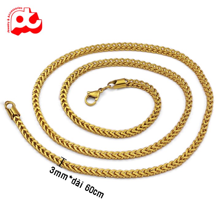 Dây chuyền titan nam cao cấp đẹp sang trọng thép không gỉ kiểu lặc vuông PT JEWELRY kích cỡ 3mm mạ vàng PTDCNA62