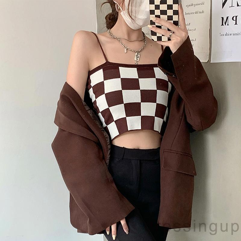 Áo lửng hai dây họa tiết ca rô đen/nâu thiết kế thời trang cho nữ