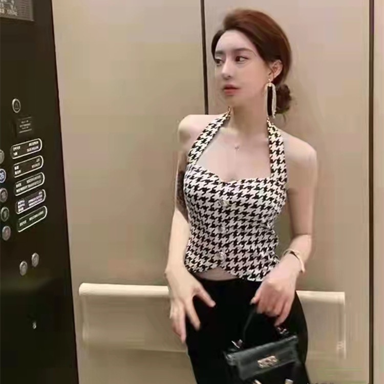 Áo croptop không tay dây choàng cổ dáng ôm hở lưng thời trang quyến rũ vintage thanh lịch cho nữ