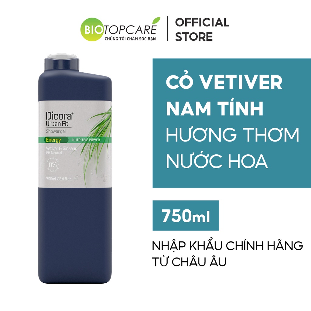 Sữa tắm Dicora Urban Fit Energy Cỏ Hương Bài &amp; Nhân Sâm 750ml - BioTopcare Official