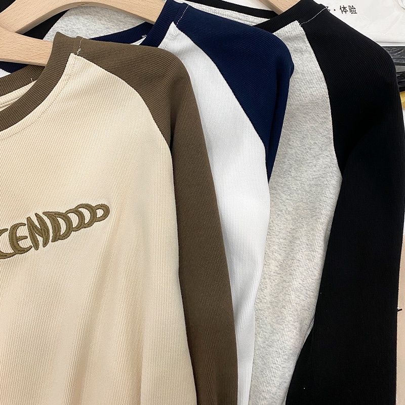 Áo Thun Ngắn Dài Tay Thêu Chữ Màu Sắc Tương Phản Phong Cách Retro Mỹ 54638