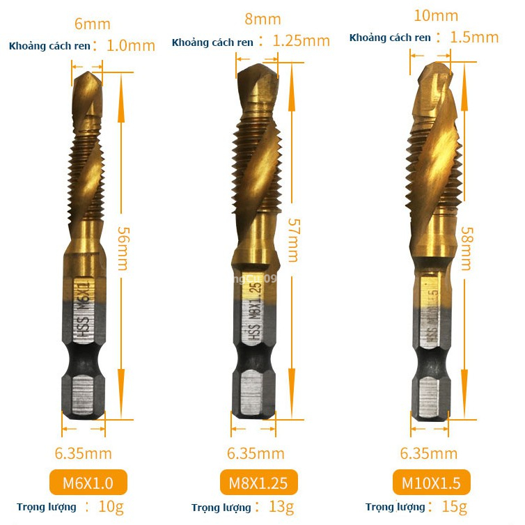 Mũi khoan taro ren phủ Coban từ M3 đến M10 HSS-M35. Mũi tạo ren chuôi lục giác chuẩn 6.35mm