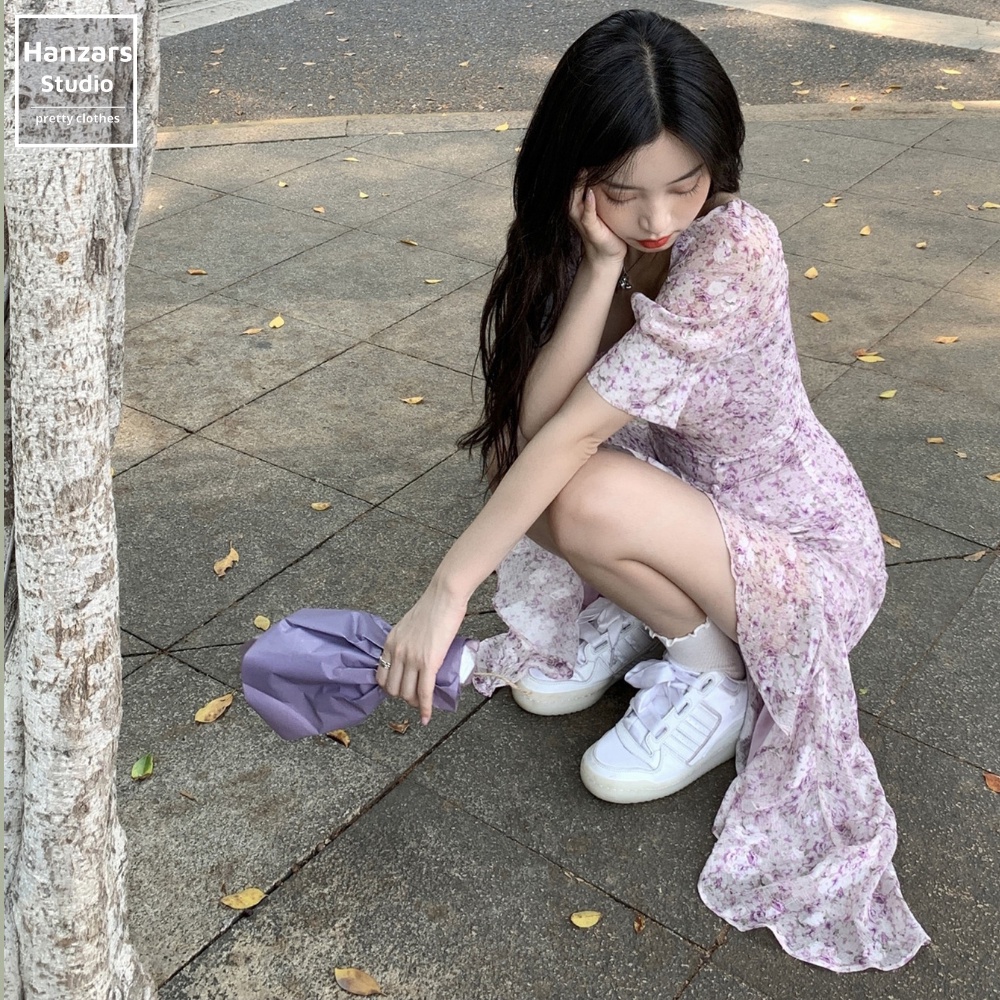Váy Hoa Nhí Màu Tím Tay Phồng Dáng Chữ A Style Ulzzang Có Khóa Lưng Hai Lớp Hanzars.studio 3