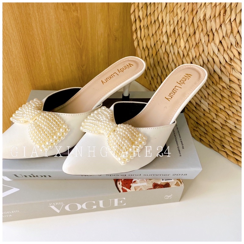 Giày cao gót bít mũi nơ hạt kết ngọc siêu đẹp GBMNC