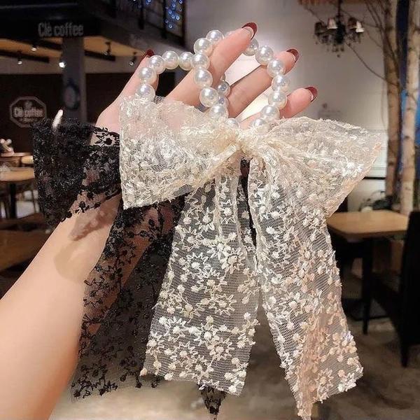 Dây cột tóc phối nơ ren đính ngọc trai nhân tạo phong cách Hàn Quốc xinh xắn