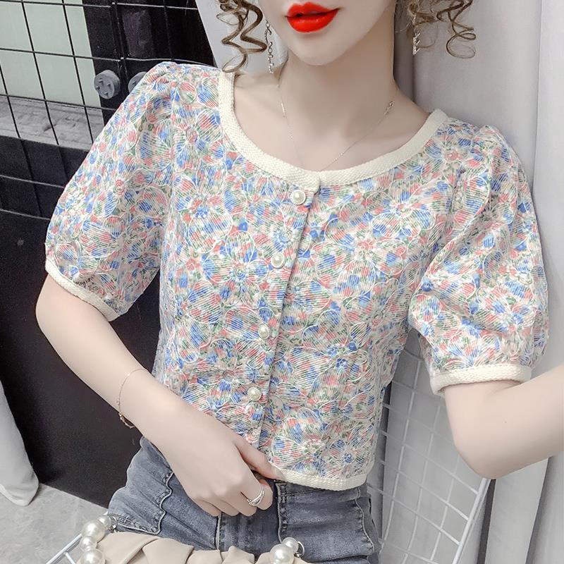 Áo Sơ Mi Crop Top Nữ Tay Ngắn In Hoa Phong Cách Hàn Quốc Cổ Điển Thời Trang Mùa Hè Mới