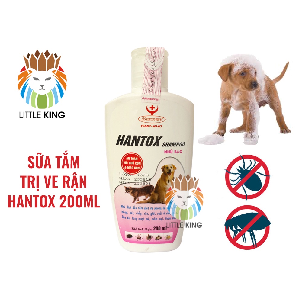 Sữa tắm cho chó mèo Hantox Shampoo Hồng Nhũ Bạc 200ml, Sữa tắm trị ve rận, bọ chét, giúp mượt lông Little King pet shop