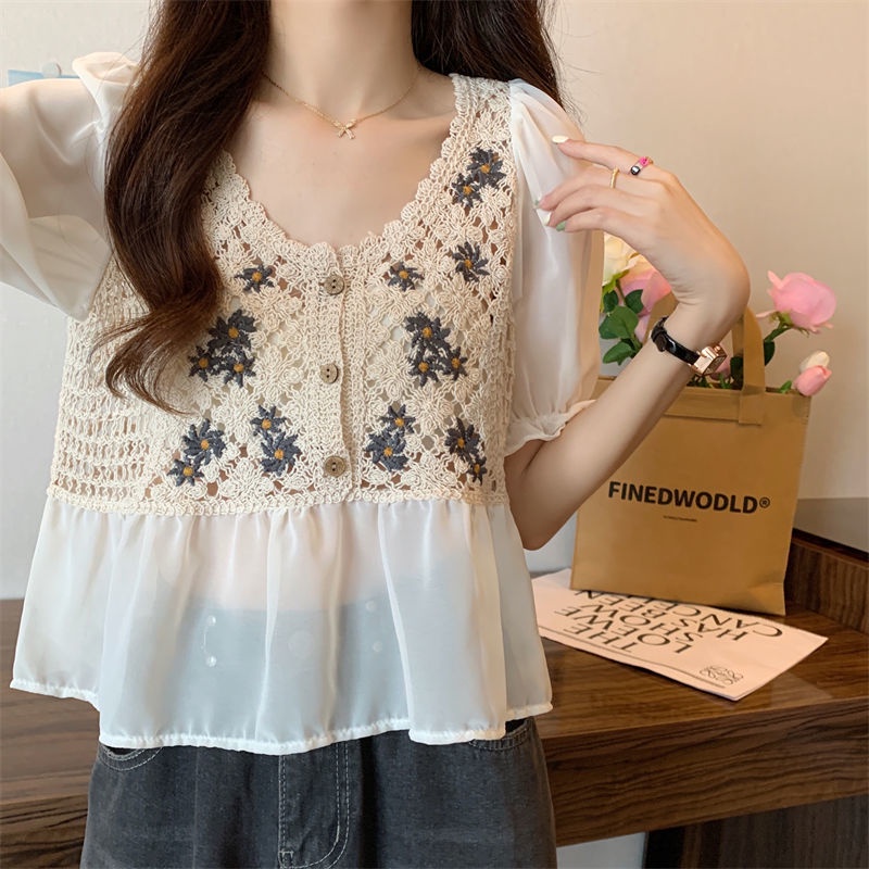 Áo Sơ Mi Voan Cổ Chữ V Thêu Họa Tiết Đơn Giản Thời Trang retro Hàn Quốc