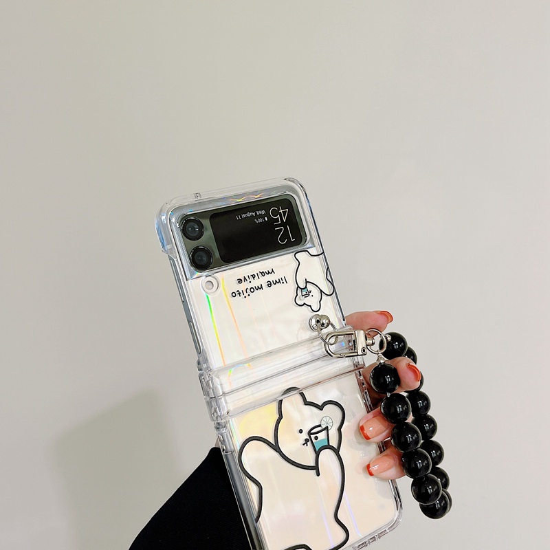 Ốp Điện Thoại Cứng Trong Suốt In Hình Gấu Dễ Thương Kèm Dây Đeo Cho Samsung Galaxy Z Flip 3 Z Flip3 ZFlip3 ZFlip 3