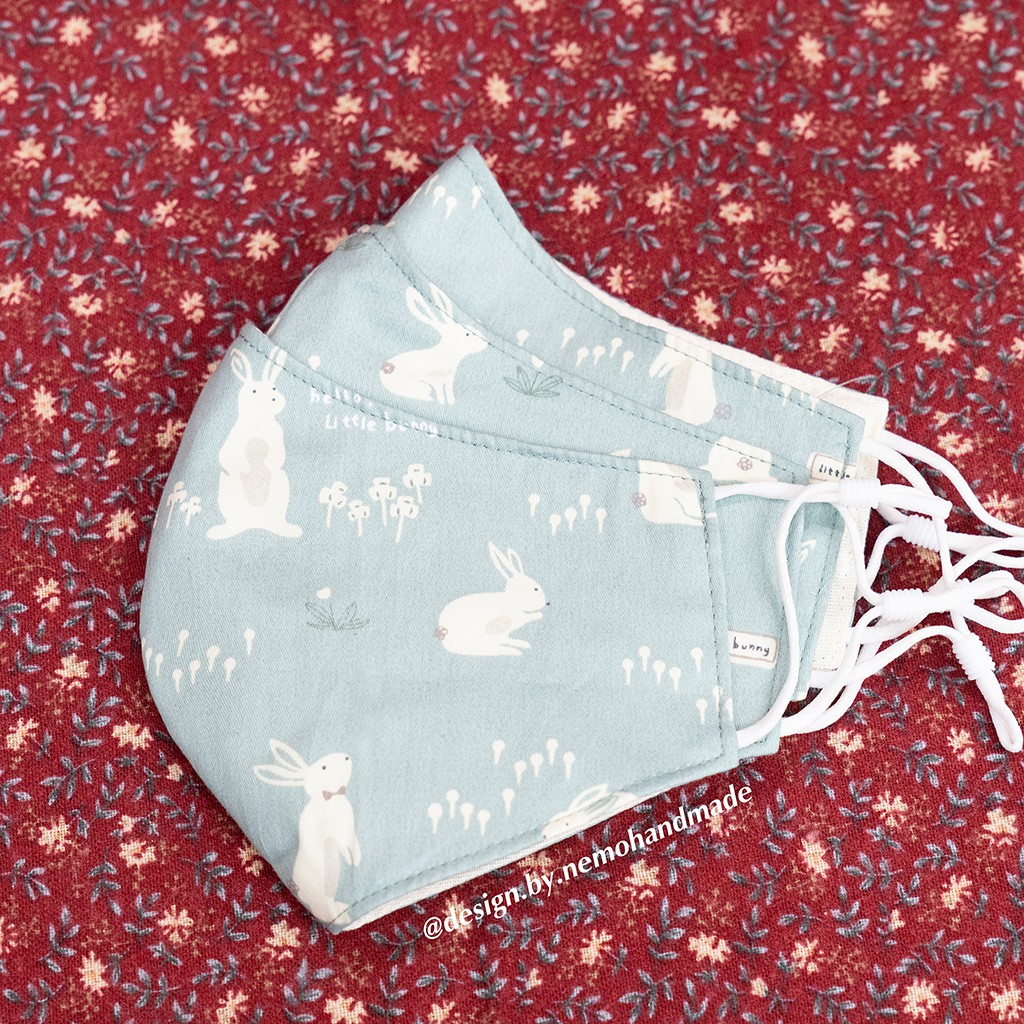 Khẩu Trang Vải 3 Lớp Thỏ Trắng Nền Xanh Vintage Nemo Handmade, Tặng Kèm Có Nút Điều Chỉnh Dây - KTHTTX | BigBuy360 - bigbuy360.vn