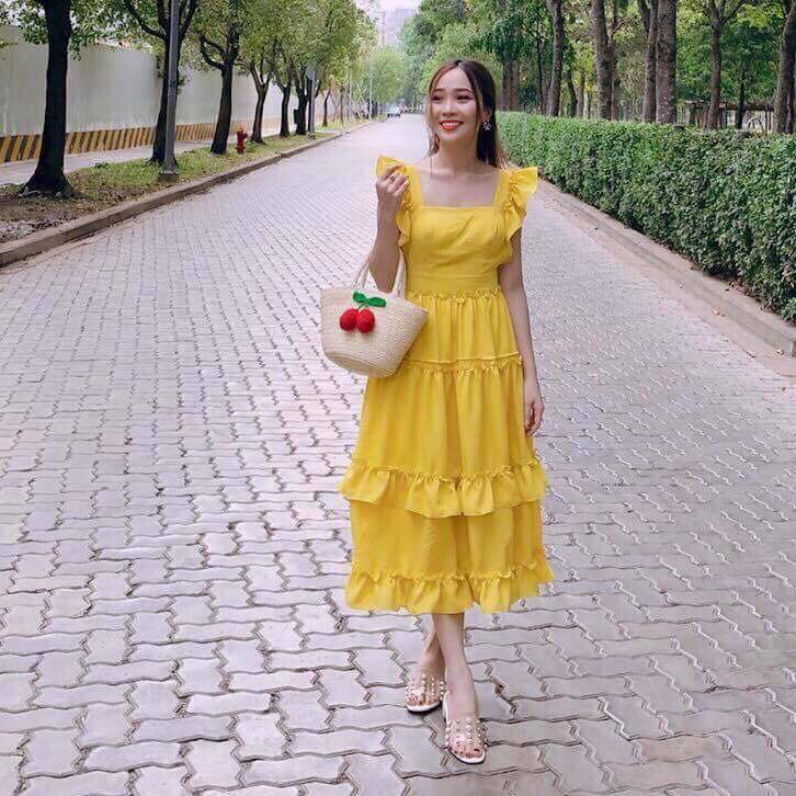 Đầm Nữ Maxi Vàng Bèo Đuôi Cá