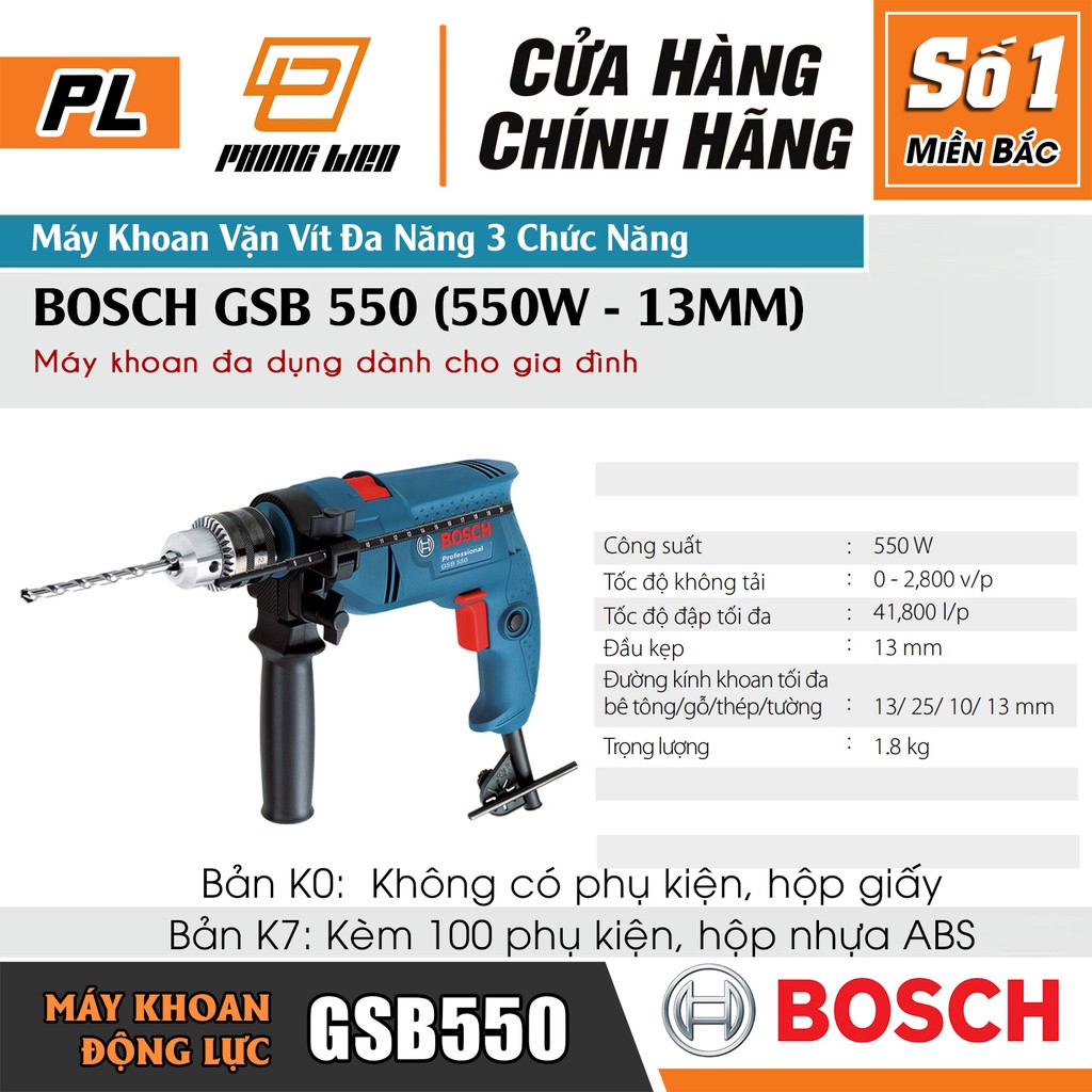 Máy Khoan Động Lực Bosch GSB 550 (13MM-550W) - Khoan Sắt/Gỗ/Tường, Bắt Vít, Siết Bu Lông - Hàng Chính Hãng