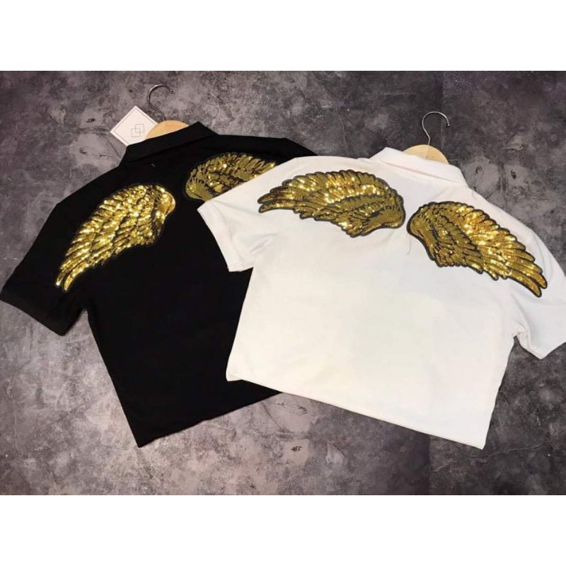 Áo thun cổ bẻ nam nữ Gucciis full đính đá kim sa cánh chim đại bàng - chim ưng vàng cực chất , 💯 cotton