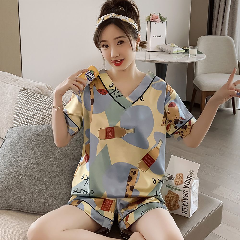 Bộ Đồ Ngủ 2 Món Vải Lụa Lạnh Mềm Tay Ngắn In Hoạt Hình Thoải Mái Cho Nữ | BigBuy360 - bigbuy360.vn