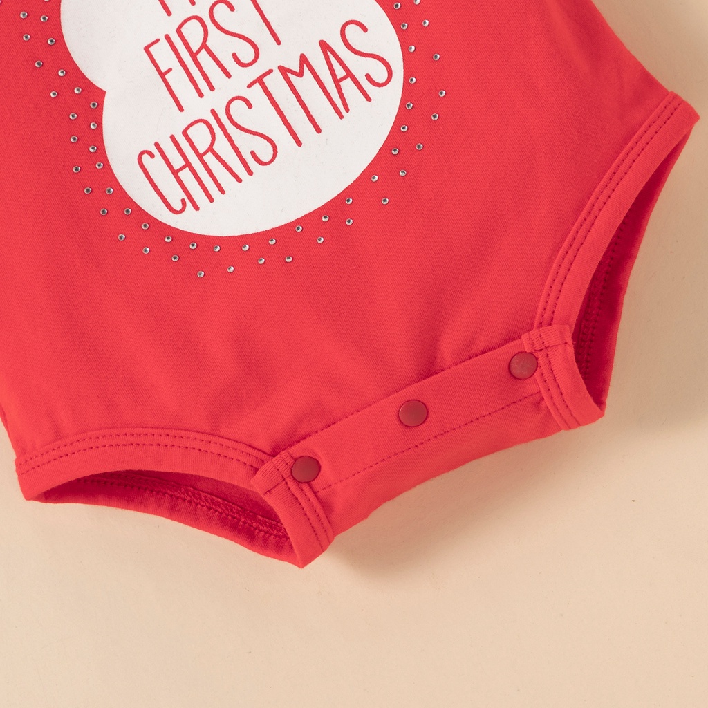 Áo Liền Quần Ngắn Tay + Mũ Cotton Họa Tiết Giáng Sinh Đáng Yêu Cho Bé